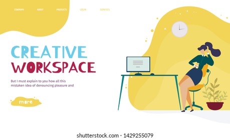 Creative Office Workplace Landing Page. Banner Template Advertising Organization Effective Space Business Service for Work and Rest. Vector Flat Woman Has Personal Call at Coffee Break Illustration