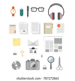 Creative office workspace objects icons set. Vector cartoon flat style illustration isolated on white.