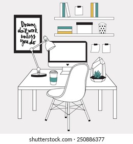 Creative office workspace, workplace with computer. Minimalistic style. The office of a creative worker. Vector illustration.