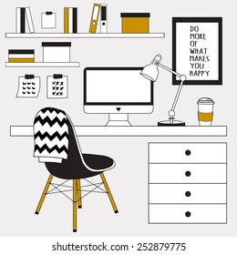 Creative office workspace, workplace with computer. Minimalistic style. The office of a creative worker. Vector illustration.