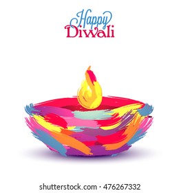 Creative Oil Lamp (Diya) made by colorful brush stroke, Elegant Greeting Card or Invitation Card design for Indian Festival of Lights, Happy Diwali celebration.