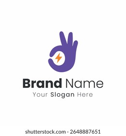 Gesto Criativo da Mão OK com Raio Símbolo de Parafuso para o Design do Logotipo de Identidade da Marca e Soluções de Marca Visual