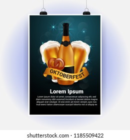 creative oktoberfest celebration, flyer poster.plank, oktoberfest means beer festival in German Octoberfest beer festival. beer glass & Bottle On wooden texture Background.