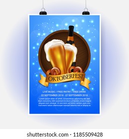 creative oktoberfest celebration, flyer poster.plank, oktoberfest means beer festival in German Octoberfest beer festival. beer glass & Bottle On wooden texture Background.
