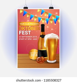 Creative oktoberfest celebration, poster, flyer with  Beer glass & Bottle. refreshing beverage isolated on wooden background. oktoberfest means beer festival . oktoberfest germany festival..