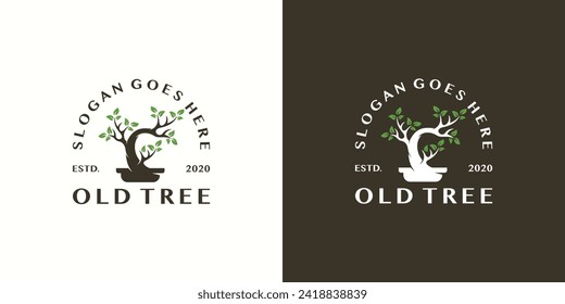 Creative Old Tree Logo. Bonsai Tree Logo, Oriental Art, Japanese Mini Small Tree Logo Icon Symbol Vector Design Template.