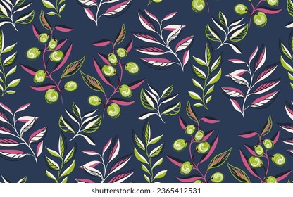 Creative olive branch, olive berries, leaves seamless pattern. Modern, Artistic, colorful, abstract artistic leaves pattern. Vector hand drawn sketch. Template for design textile, fashion, print