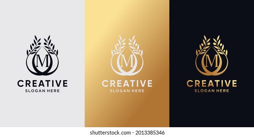 Creative olive oil logo design initial letter m with line art and golden style color. icon logo for business company