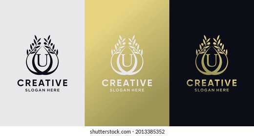 Creative olive oil logo design initial letter u with line art style. icon logo for business company