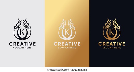 Creative olive oil logo design initial letter k with line art and golden style color. icon logo for business company