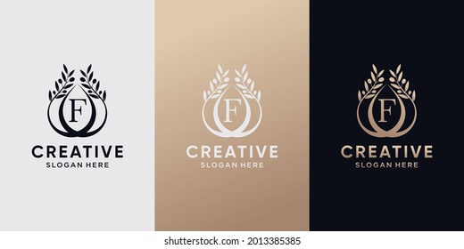 Creative olive oil logo design initial letter f with line art style. icon logo for business company