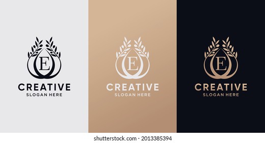 Creative olive oil logo design initial letter e with line art style. icon logo for business company