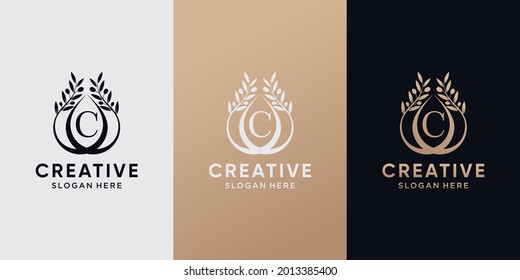 Diseño del logotipo del aceite de oliva creativo letra c inicial con estilo de arte de línea. logotipo de icono para empresa