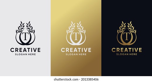 Creative olive oil logo design initial letter t with line art and golden style color. icon logo for business company