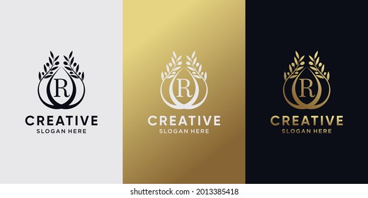 Diseño del logotipo del aceite de oliva creativo letra inicial r con arte de línea y color de estilo dorado. logotipo de icono para empresa