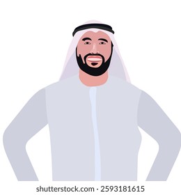 creative, oman, dress, clothing, emirates, uae, united arab emirates, happy, o man, qatar, standing, adult, white, constructor, east, icon, culture, background, ethnic, graphic, traditional, beard, i