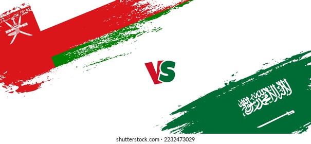 Creative Oman vs Saudi Arabia brush flag illustration. Artistic brush style two country flags relationship background