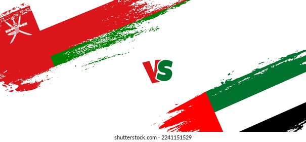 Creative Oman vs United Arab Emirates brush flag illustration. Artistic brush style two country flags relationship background