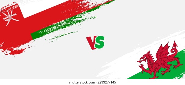 Creative Oman vs Wales brush flag illustration. Artistic brush style two country flags relationship background