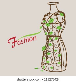 Creative on fashion. Vintage mannequin with leaves. Vector illustration.