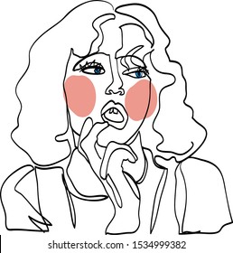 Creative one line fashion woman portrait with abstract shapes. vector illustration.