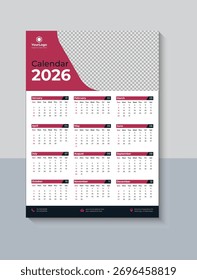 Criativo One Page Wall Calendar 2026 Design, Ano Novo Calendário 2026 Modelo, Feliz Ano Novo