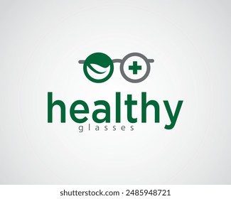 creative One pair of glasses is in the shape of a leaf shadow and the other is in the shape of a plus medical logo design