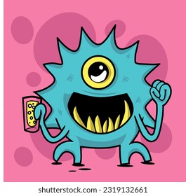 Monstruo creativo de un solo ojo y bestia para marca y NFTS. Monstruo mono de un solo ojo con un vaso de cerveza.  imagen de monstruo inc kawaii.