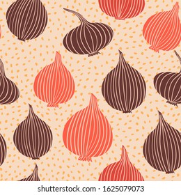 Creative onion bulb vegetable wallpaper. Onion in doodle style seamless pattern. Vegetarian healthy food backdrop. Design for fabric, textile print, wrapping paper. Vector illustration