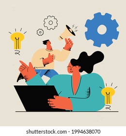 Creative online content and promotion, online work, brainstorming and ideas, innovative solutions, business startup concept. Teamwork flat vector illustration design for mobile and web graphics