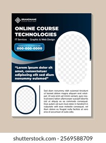 Creative online course technologies flyer template design on vertical layout. editable brochure with combination blue and black colors on elements isolated on white background. space for photo collage