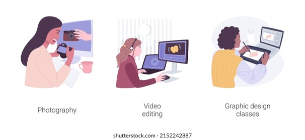Creative online courses isolated cartoon vector illustrations set. Photography classes with tutor, video editing, graphic design classes, watching online tutorial, digital art vector cartoon.