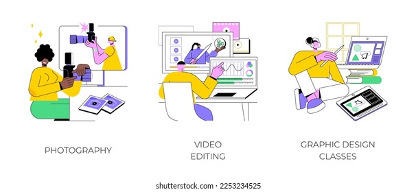 Cursos creativos en línea aislados ilustraciones vectoriales de dibujos animados. Clases de fotografía con tutor, edición de video, clases de diseño gráfico, tutorial en línea, cartografía vectorial de arte digital.