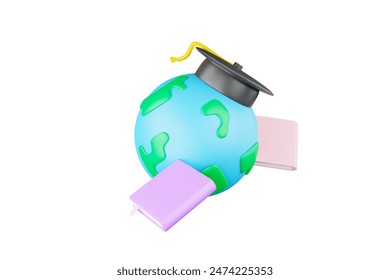 Concepto creativo de tecnología de educación en línea Gran globo con gorra de graduación y libros de ilustración 3D.