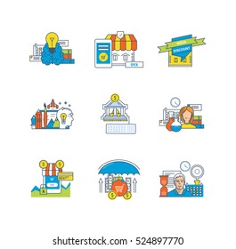 Creative, online shopping, discounts, design, finance, communications, security of payment, planning, management icons set over white background. Flat line icons for infographics design elements.