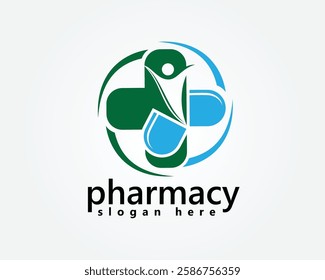 creative open pill taking out people raising both hands with a background plus a medical logo design