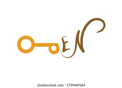 Creative ''open'' typography letter with key. A business sign that says ‘Open’ on cafe or restaurant hang on door at entrance. Creative vector illustration.