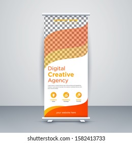 Creative Orange Abstract Modern Exhibition Advertising Trend Business Roll Up Banner Stand Poster Brochure flat design template creative concept. Presentation. Cover Publication. Stock vector. 