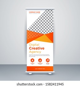Creative Orange Abstract Shapes Modern Exhibition Advertising Trend Business Roll Up Banner Stand Poster Brochure flat design template creative concept. Presentation. Cover Publication. Stock vector.
