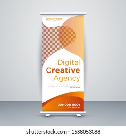 Creative Orange Abstract Shapes Modern Exhibition Advertising Trend Business Roll Up Banner Stand Poster Brochure flat design template creative concept. Presentation. Cover Publication. Stock vector.2