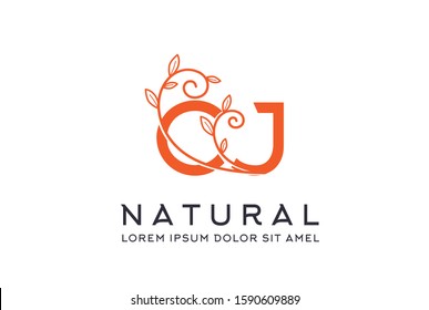 Creative orange floral wedding initial CJ icon design. Vector logo template