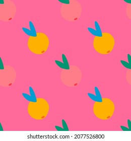 Creative orange fruit seamless pattern on pink background. Citrus fruits endless wallpaper. Simple vector illustation. Design for fabric , textile print, surface, wrapping, cover