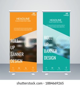 Creative orange and green colour roll up banner vector art design