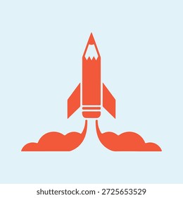 Icono creativo del lanzamiento del cohete del lápiz naranja para la Educación y los conceptos del inicio