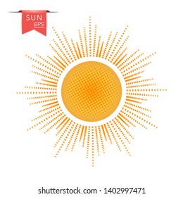 Creative orange, yellow art sun with outgoing dotted rays. The vector element is isolated on a light background.