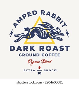 Creative Organic Coffee Label Design. Rabbit Skeleton Caffeine Energy Shock Logo. Craft Roast Coffee Package Design Element. Electric Hare Bones Icon. Vector Illustration.