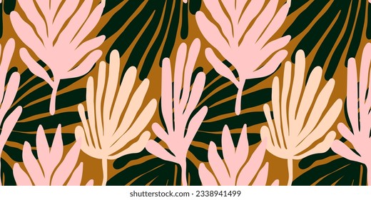 Creative organic shape seamless pattern. Tropical leaves background. Matisse inspired decoration wallpaper. Floral backdrop. Doodle style design for fabric , textile print, surface, wrapping, cover.