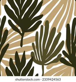 Creative organic shape seamless pattern. Tropical leaves background. Matisse inspired decoration wallpaper. Floral backdrop. Doodle style design for fabric , textile print, surface, wrapping, cover.