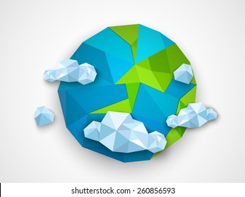 Creative origami globe with clouds on grey background for Earth Day celebration.