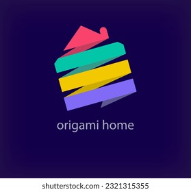 Creative origami home logo. Unique color transitions. Unique folding art house form logo template. vector